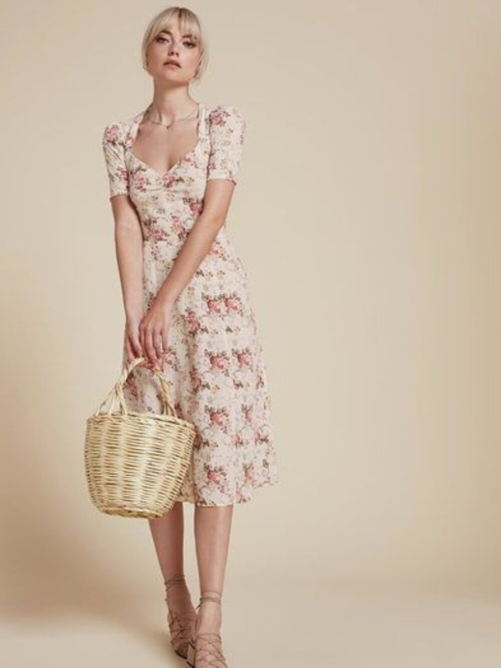 REFORMATION FLORAL MIDI DRESS IN NEUTRAL ROSE Size 6